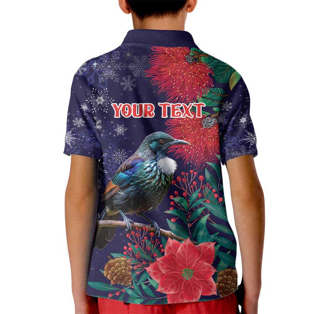 Tui Meri Kirihimete Personalised Kid Polo Shirt Pohutukawa Flowers Blue Motif - Aussie Hoodie