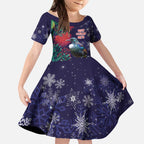 Tui Meri Kirihimete Personalised Kid Short Sleeve Dress Pohutukawa Flowers Blue Motif - Aussie Hoodie