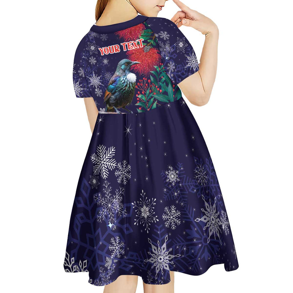 Tui Meri Kirihimete Personalised Kid Short Sleeve Dress Pohutukawa Flowers Blue Motif - Aussie Hoodie
