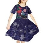 Tui Meri Kirihimete Personalised Kid Short Sleeve Dress Pohutukawa Flowers Blue Motif - Aussie Hoodie