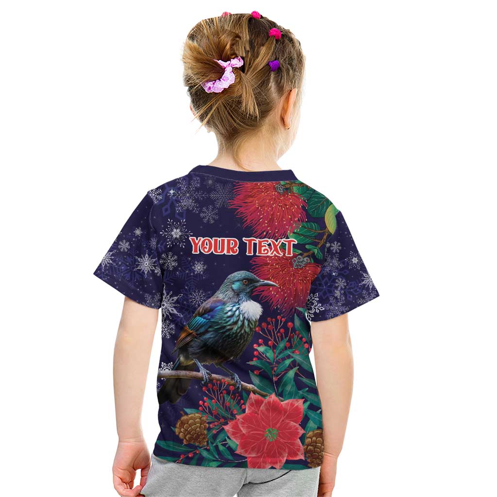 Tui Meri Kirihimete Personalised Kid T Shirt Pohutukawa Flowers Blue Motif - Aussie Hoodie