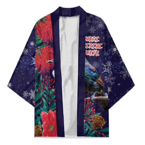 Tui Meri Kirihimete Personalised Kimono Pohutukawa Flowers Blue Motif - Aussie Hoodie