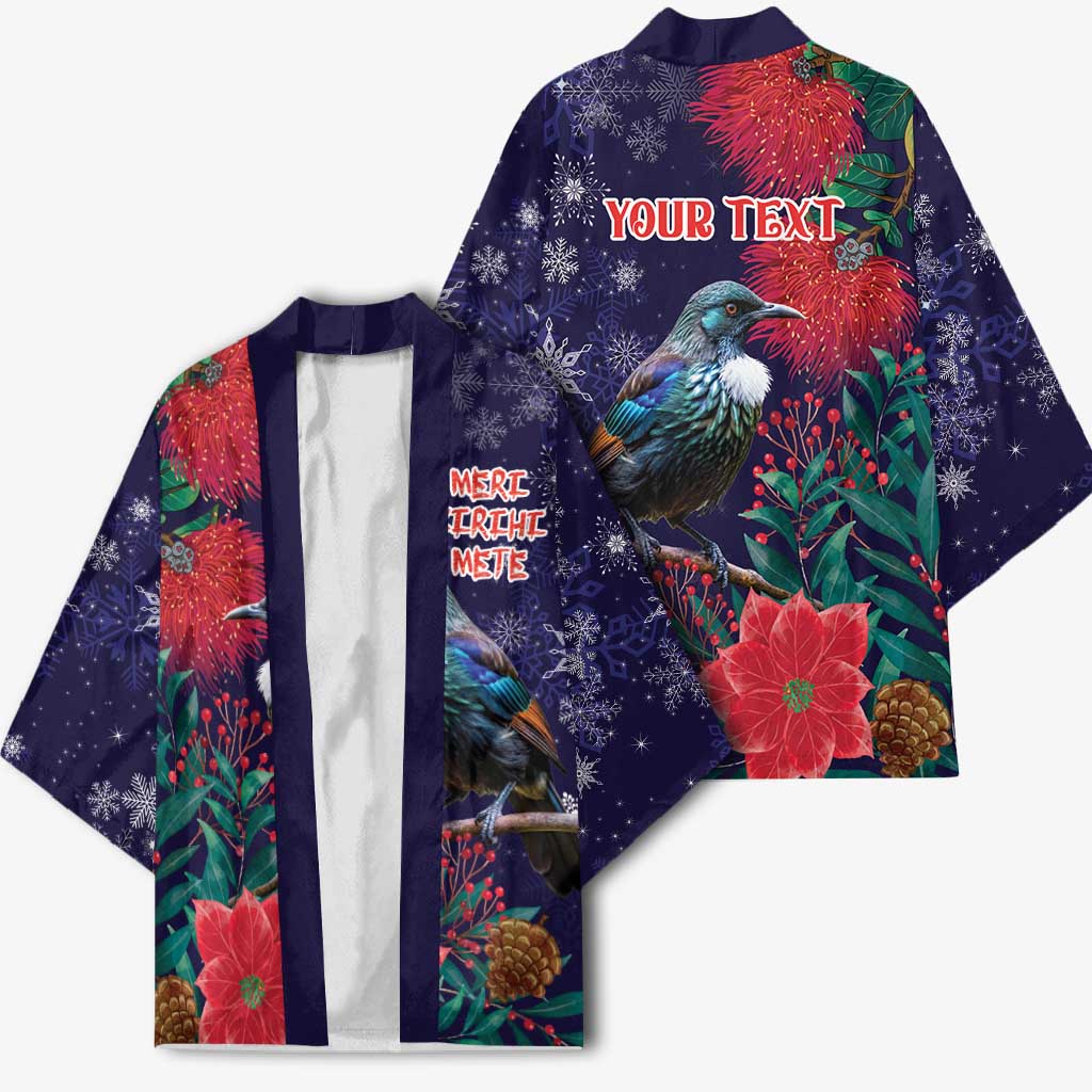 Tui Meri Kirihimete Personalised Kimono Pohutukawa Flowers Blue Motif - Aussie Hoodie