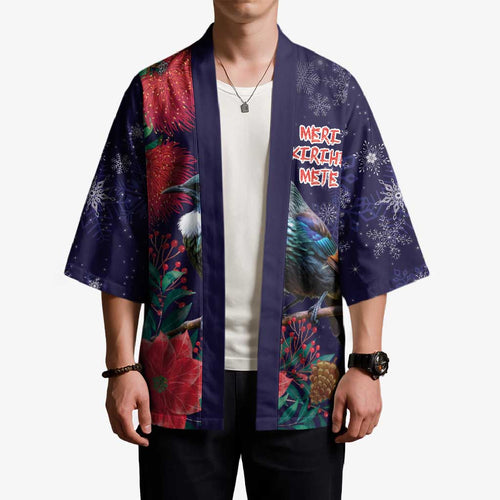 Tui Meri Kirihimete Personalised Kimono Pohutukawa Flowers Blue Motif - Aussie Hoodie