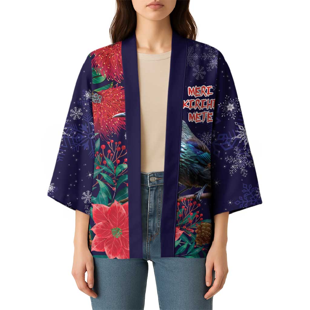 Tui Meri Kirihimete Personalised Kimono Pohutukawa Flowers Blue Motif - Aussie Hoodie