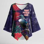 Tui Meri Kirihimete Personalised Kimono Sleeve Blouse Pohutukawa Flowers Blue Motif - Aussie Hoodie