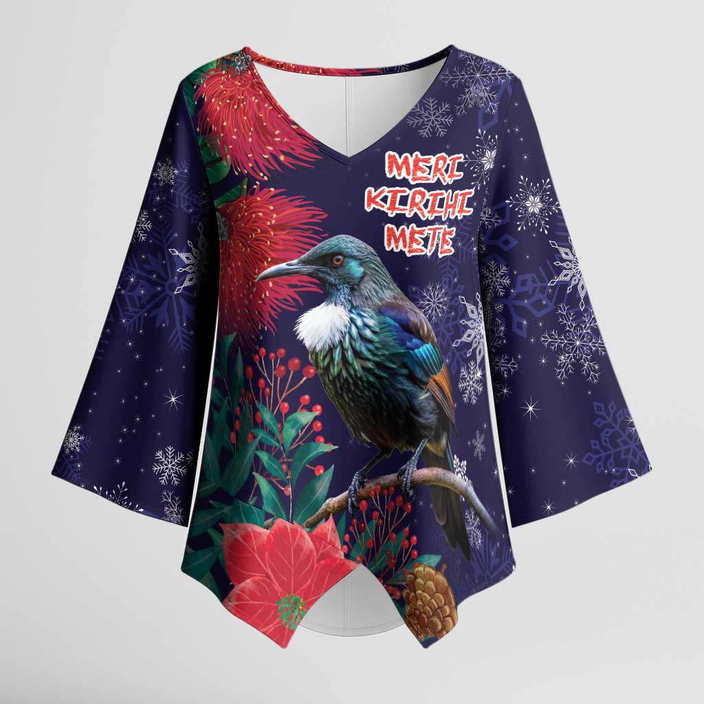 Tui Meri Kirihimete Personalised Kimono Sleeve Blouse Pohutukawa Flowers Blue Motif - Aussie Hoodie