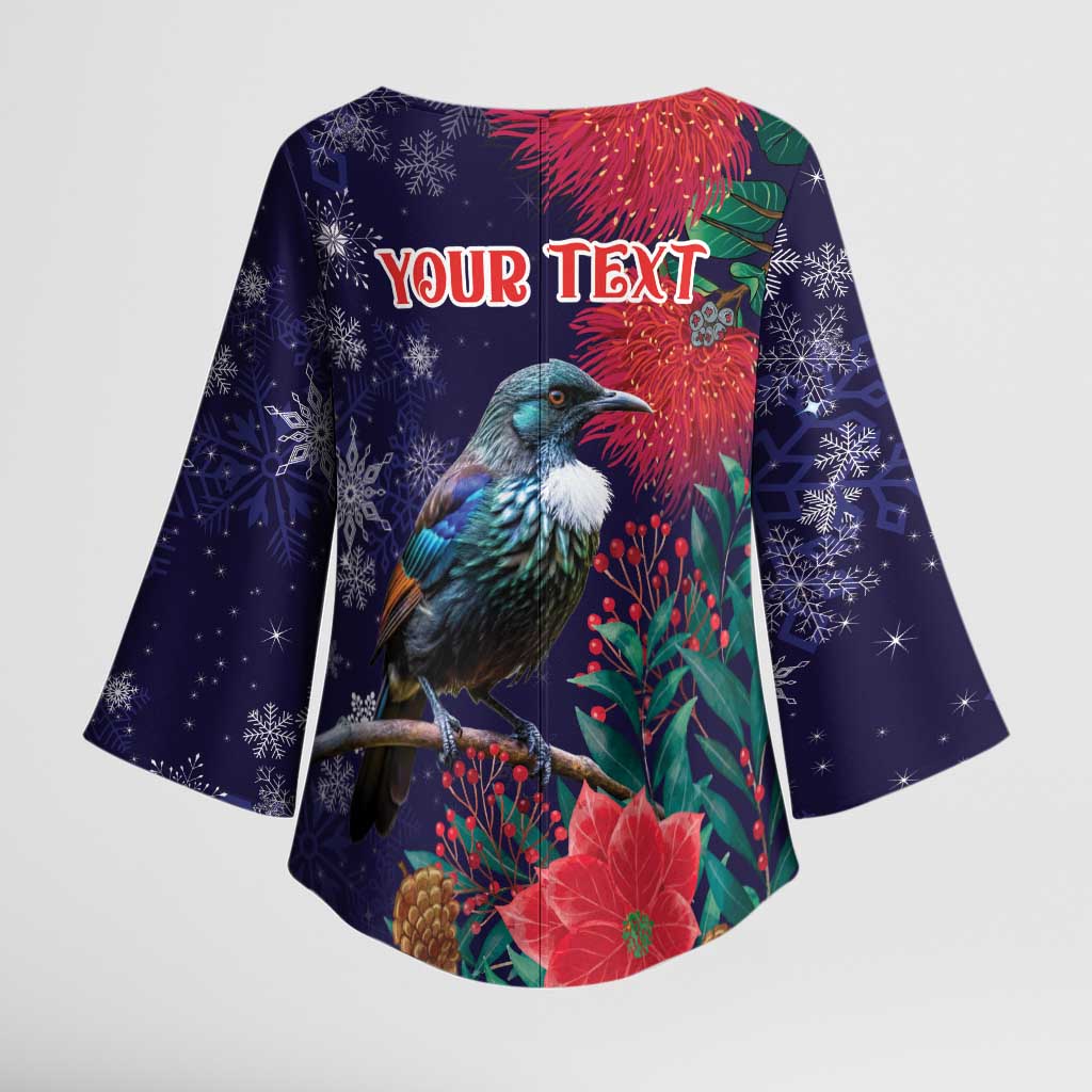 Tui Meri Kirihimete Personalised Kimono Sleeve Blouse Pohutukawa Flowers Blue Motif - Aussie Hoodie