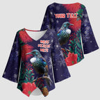 Tui Meri Kirihimete Personalised Kimono Sleeve Blouse Pohutukawa Flowers Blue Motif - Aussie Hoodie