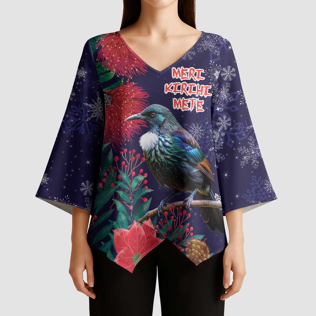 Tui Meri Kirihimete Personalised Kimono Sleeve Blouse Pohutukawa Flowers Blue Motif - Aussie Hoodie