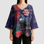 Tui Meri Kirihimete Personalised Kimono Sleeve Blouse Pohutukawa Flowers Blue Motif - Aussie Hoodie