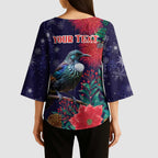 Tui Meri Kirihimete Personalised Kimono Sleeve Blouse Pohutukawa Flowers Blue Motif - Aussie Hoodie