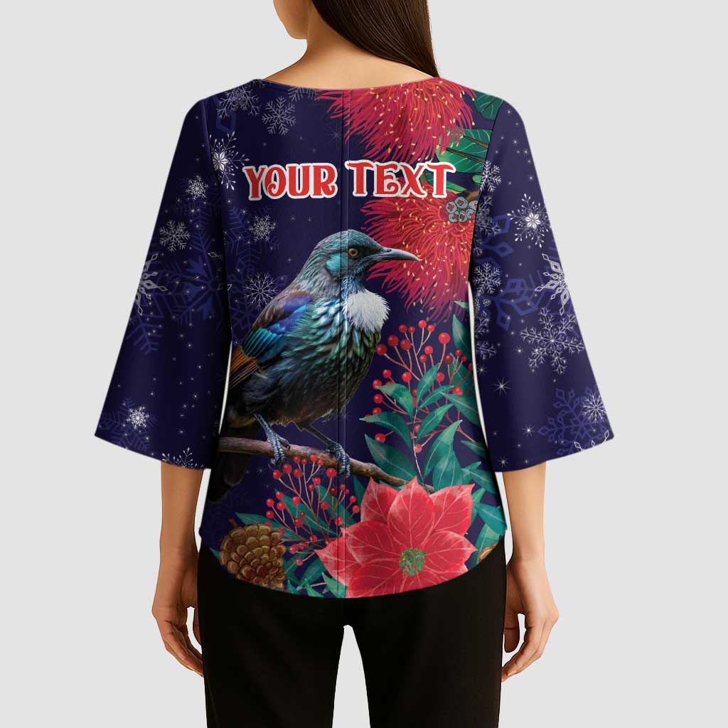 Tui Meri Kirihimete Personalised Kimono Sleeve Blouse Pohutukawa Flowers Blue Motif - Aussie Hoodie