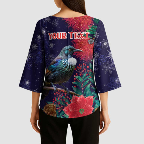 Tui Meri Kirihimete Personalised Kimono Sleeve Blouse Pohutukawa Flowers Blue Motif - Aussie Hoodie