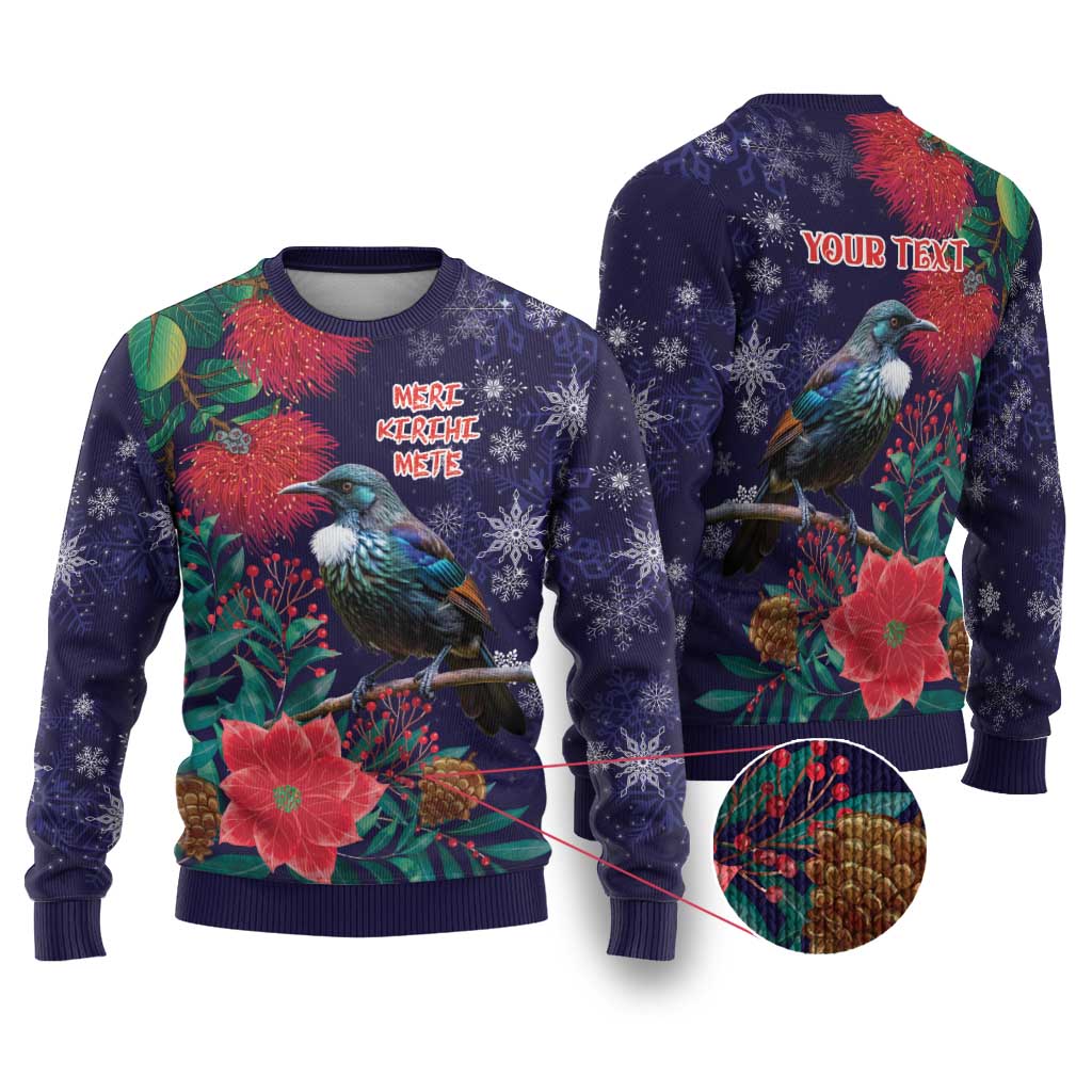 Tui Meri Kirihimete Personalised Ugly Christmas Sweater Pohutukawa Flowers Blue Motif - undefined