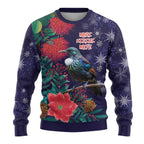 Tui Meri Kirihimete Personalised Ugly Christmas Sweater Pohutukawa Flowers Blue Motif - undefined
