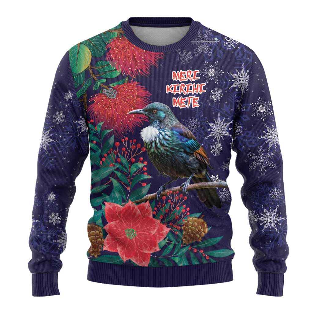 Tui Meri Kirihimete Personalised Ugly Christmas Sweater Pohutukawa Flowers Blue Motif - undefined
