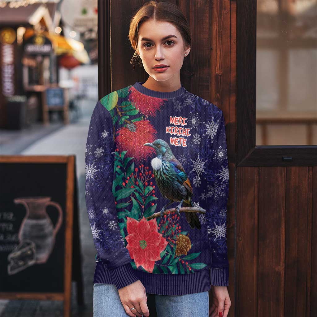 Tui Meri Kirihimete Personalised Ugly Christmas Sweater Pohutukawa Flowers Blue Motif - undefined
