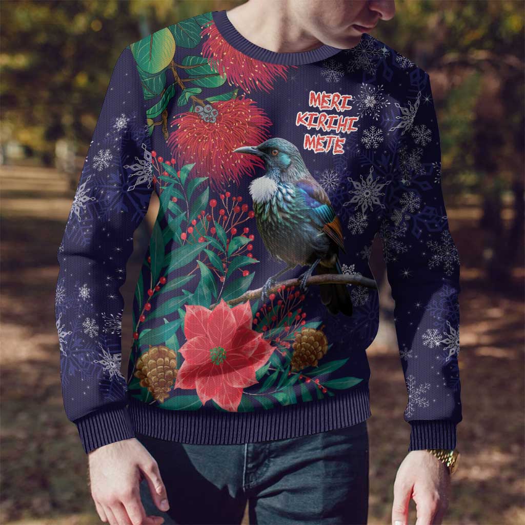 Tui Meri Kirihimete Personalised Ugly Christmas Sweater Pohutukawa Flowers Blue Motif - undefined