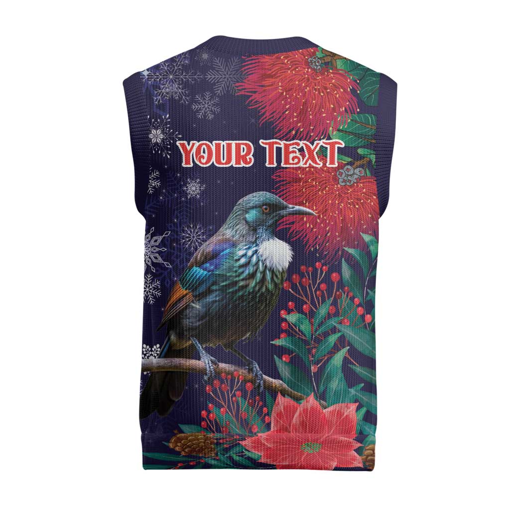 Tui Meri Kirihimete Personalised Christmas Knitted V-Neck Vest Pohutukawa Flowers Blue Motif - Aussie Hoodie