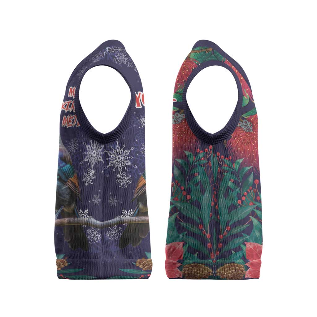 Tui Meri Kirihimete Personalised Christmas Knitted V-Neck Vest Pohutukawa Flowers Blue Motif - Aussie Hoodie