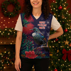 Tui Meri Kirihimete Personalised Christmas Knitted V-Neck Vest Pohutukawa Flowers Blue Motif - Aussie Hoodie