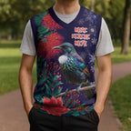 Tui Meri Kirihimete Personalised Christmas Knitted V-Neck Vest Pohutukawa Flowers Blue Motif - Aussie Hoodie