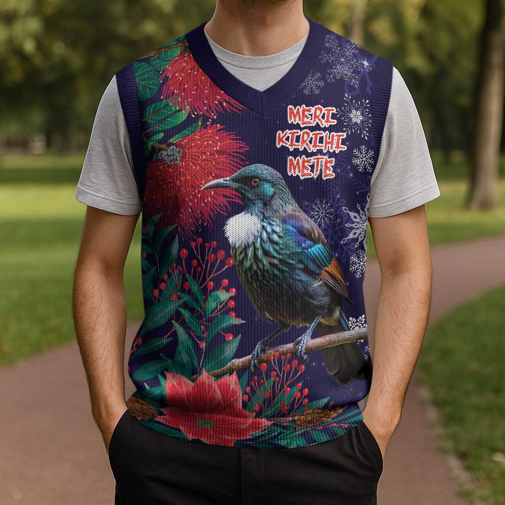 Tui Meri Kirihimete Personalised Christmas Knitted V-Neck Vest Pohutukawa Flowers Blue Motif - Aussie Hoodie