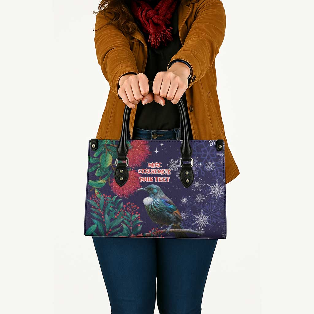 Tui Meri Kirihimete Personalised Leather Bag Pohutukawa Flowers Blue Motif - Aussie Hoodie