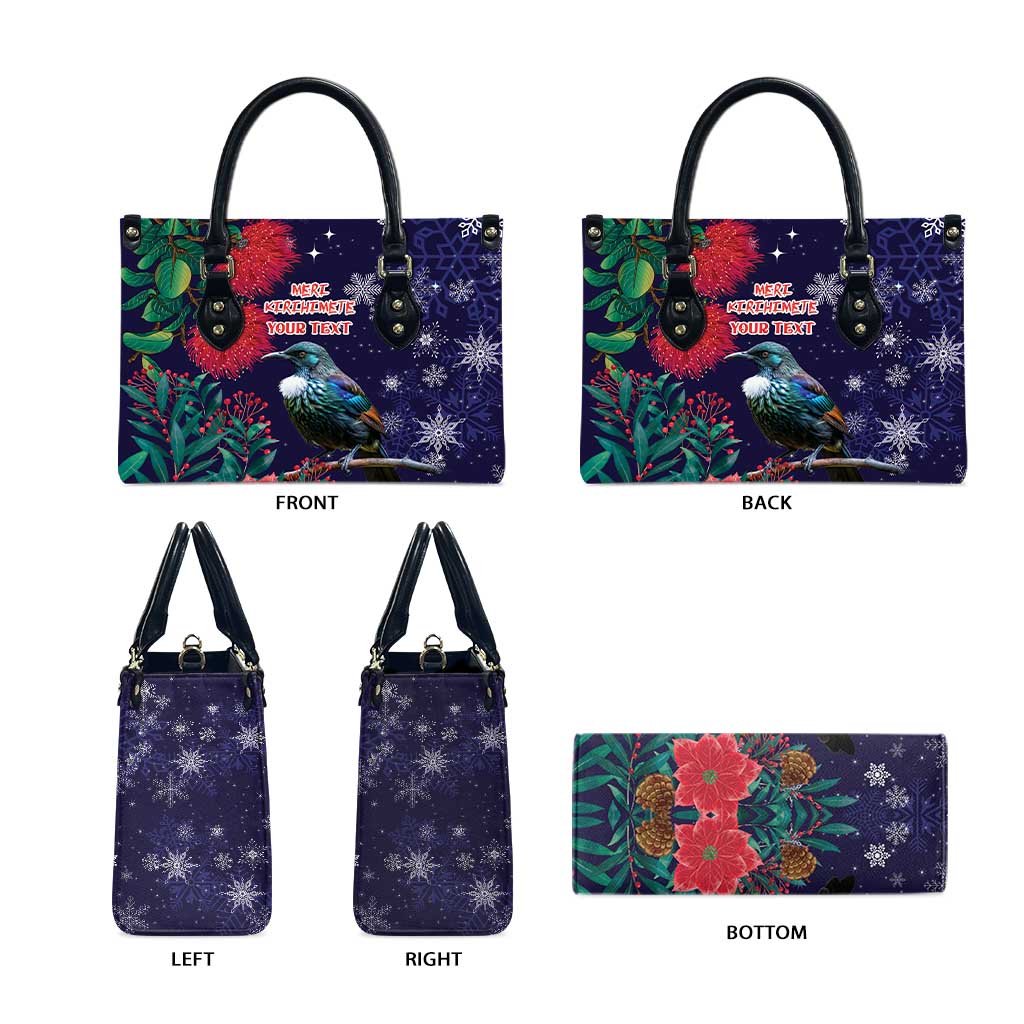 Tui Meri Kirihimete Personalised Leather Bag Pohutukawa Flowers Blue Motif - Aussie Hoodie