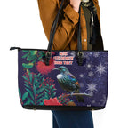 Tui Meri Kirihimete Personalised Leather Tote Bag Pohutukawa Flowers Blue Motif - Aussie Hoodie