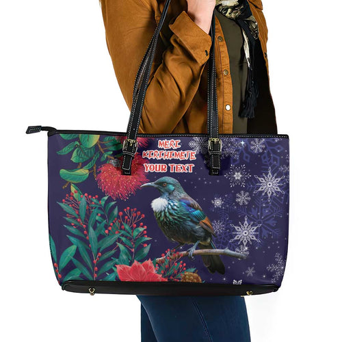 Tui Meri Kirihimete Personalised Leather Tote Bag Pohutukawa Flowers Blue Motif - Aussie Hoodie