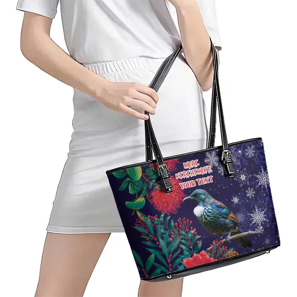 Tui Meri Kirihimete Personalised Leather Tote Bag Pohutukawa Flowers Blue Motif - Aussie Hoodie
