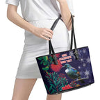 Tui Meri Kirihimete Personalised Leather Tote Bag Pohutukawa Flowers Blue Motif - Aussie Hoodie