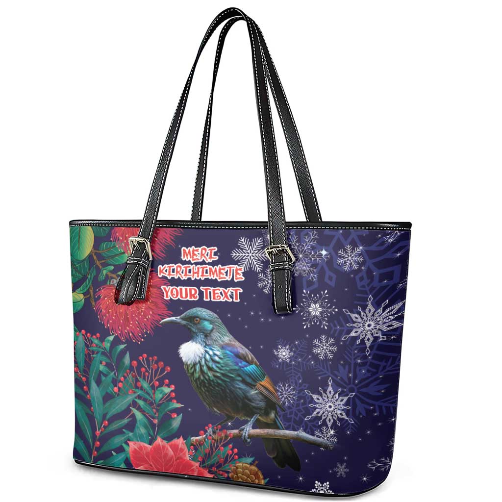 Tui Meri Kirihimete Personalised Leather Tote Bag Pohutukawa Flowers Blue Motif - Aussie Hoodie