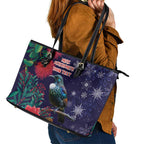 Tui Meri Kirihimete Personalised Leather Tote Bag Pohutukawa Flowers Blue Motif - Aussie Hoodie
