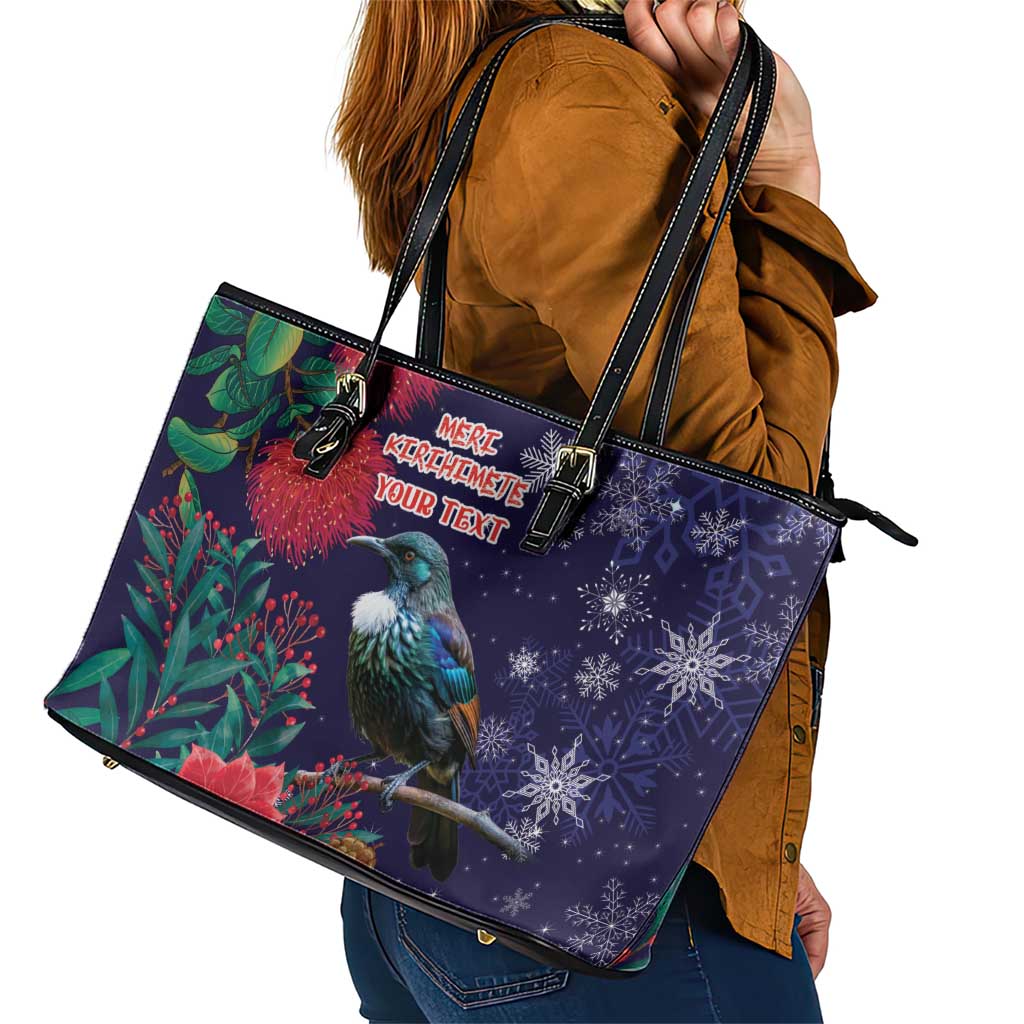 Tui Meri Kirihimete Personalised Leather Tote Bag Pohutukawa Flowers Blue Motif - Aussie Hoodie