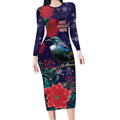 Tui Meri Kirihimete Personalised Long Sleeve Bodycon Dress Pohutukawa Flowers Blue Motif - Aussie Hoodie