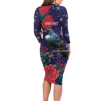 Tui Meri Kirihimete Personalised Long Sleeve Bodycon Dress Pohutukawa Flowers Blue Motif - Aussie Hoodie