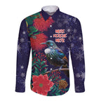 Tui Meri Kirihimete Personalised Long Sleeve Button Shirt Pohutukawa Flowers Blue Motif - Aussie Hoodie