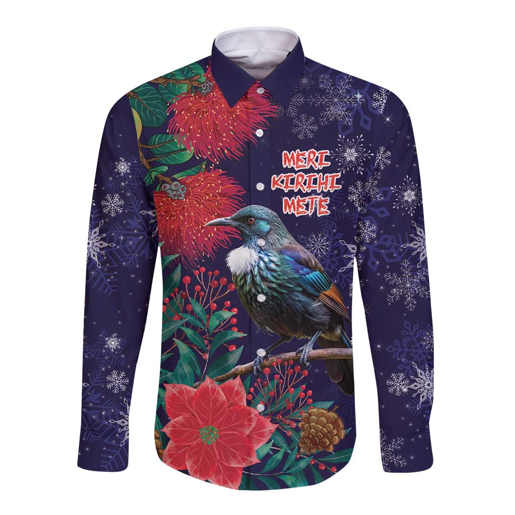 Tui Meri Kirihimete Personalised Long Sleeve Button Shirt Pohutukawa Flowers Blue Motif - Aussie Hoodie
