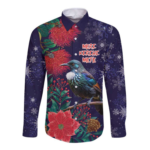 Tui Meri Kirihimete Personalised Long Sleeve Button Shirt Pohutukawa Flowers Blue Motif - Aussie Hoodie