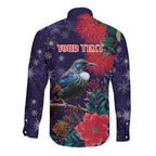 Tui Meri Kirihimete Personalised Long Sleeve Button Shirt Pohutukawa Flowers Blue Motif - Aussie Hoodie