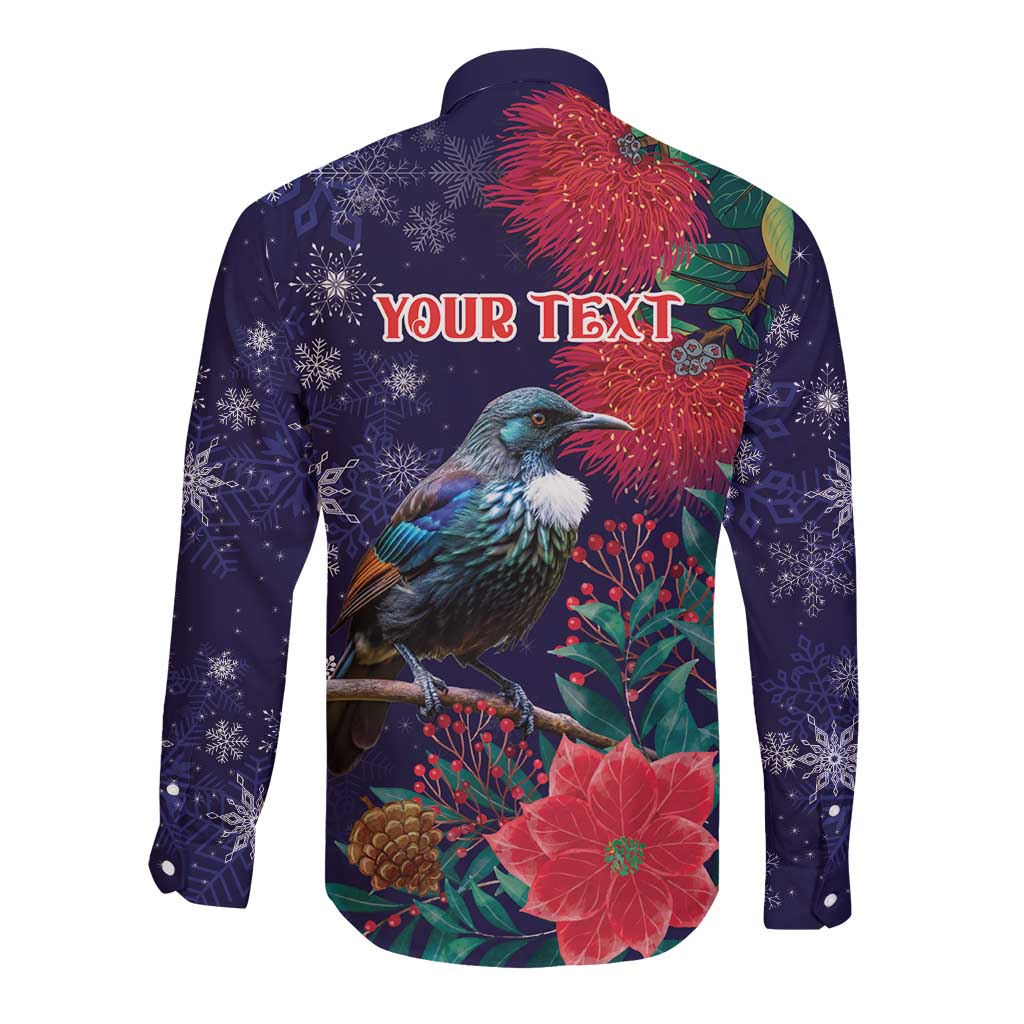 Tui Meri Kirihimete Personalised Long Sleeve Button Shirt Pohutukawa Flowers Blue Motif - Aussie Hoodie