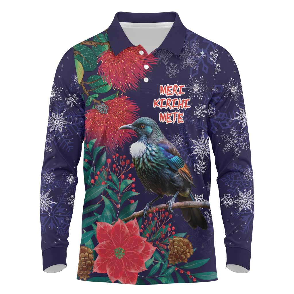 Tui Meri Kirihimete Personalised Long Sleeve Polo Shirt Pohutukawa Flowers Blue Motif - Aussie Hoodie