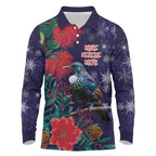 Tui Meri Kirihimete Personalised Long Sleeve Polo Shirt Pohutukawa Flowers Blue Motif - Aussie Hoodie