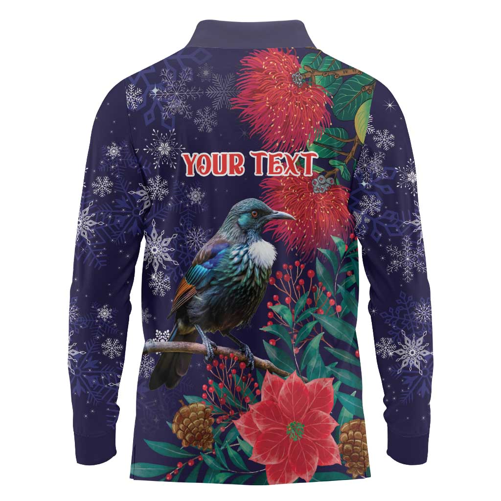 Tui Meri Kirihimete Personalised Long Sleeve Polo Shirt Pohutukawa Flowers Blue Motif - Aussie Hoodie