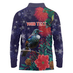 Tui Meri Kirihimete Personalised Long Sleeve Polo Shirt Pohutukawa Flowers Blue Motif - Aussie Hoodie
