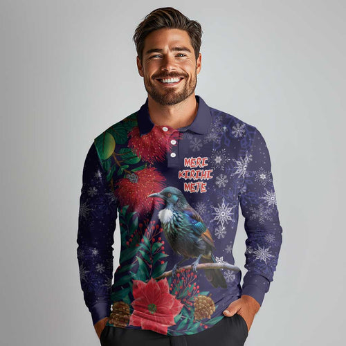 Tui Meri Kirihimete Personalised Long Sleeve Polo Shirt Pohutukawa Flowers Blue Motif - Aussie Hoodie