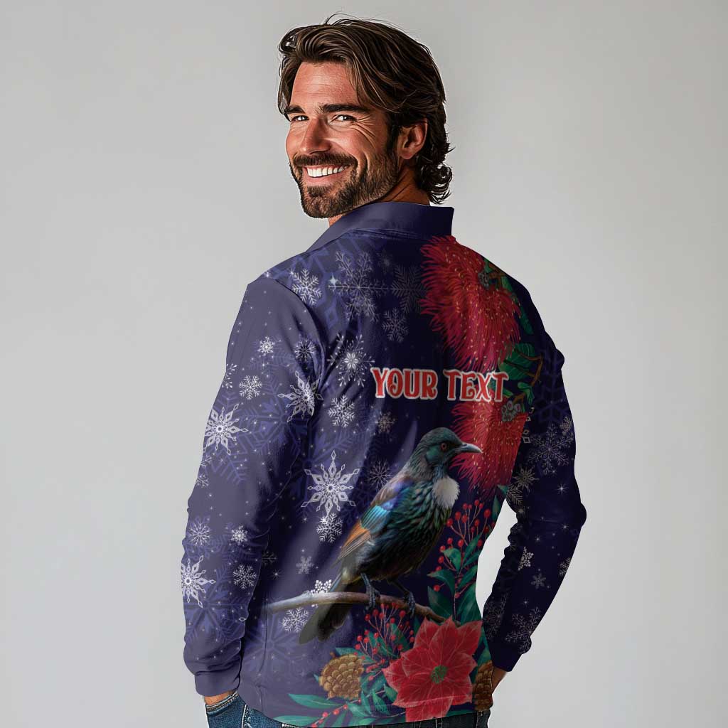 Tui Meri Kirihimete Personalised Long Sleeve Polo Shirt Pohutukawa Flowers Blue Motif - Aussie Hoodie